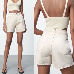 Zara High Rise Mid Length Denim Shorts Cream Size 0